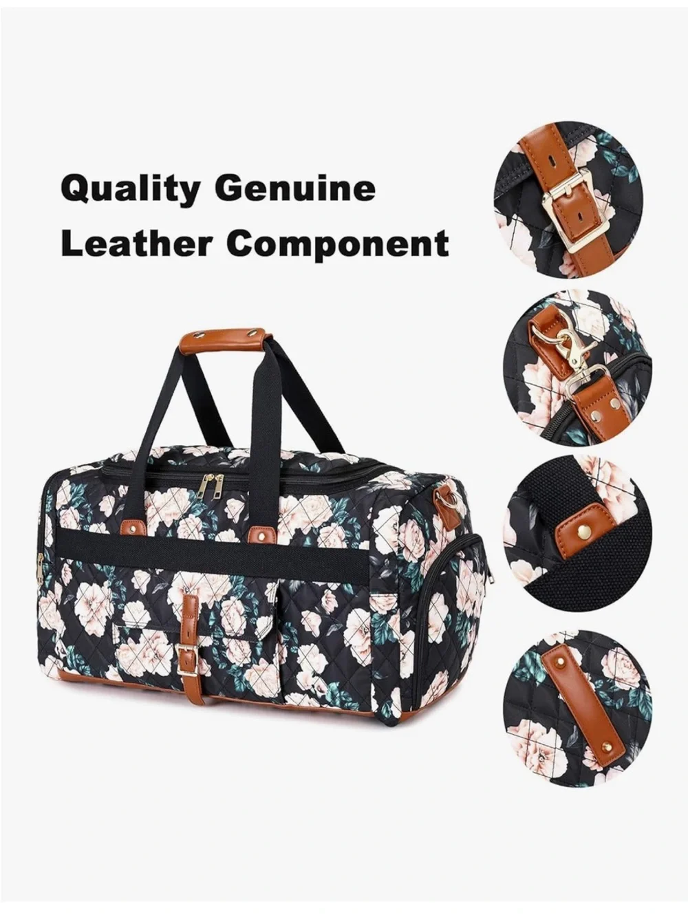 Floral Quilted Weekender Duffle Bag - Black with Blush Flowers - Picture 6 of 7